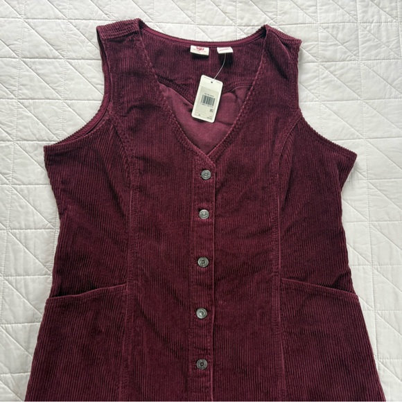 NWT Levi's Corduroy Button Front Dress XL Burgundy Plum Buckle Back Pinafore - Picture 4 of 12